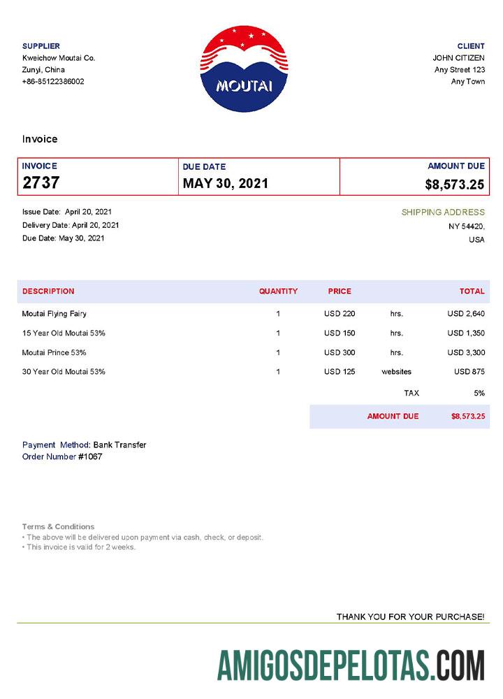 em branco Modelo de fatura Moutai dos EUA